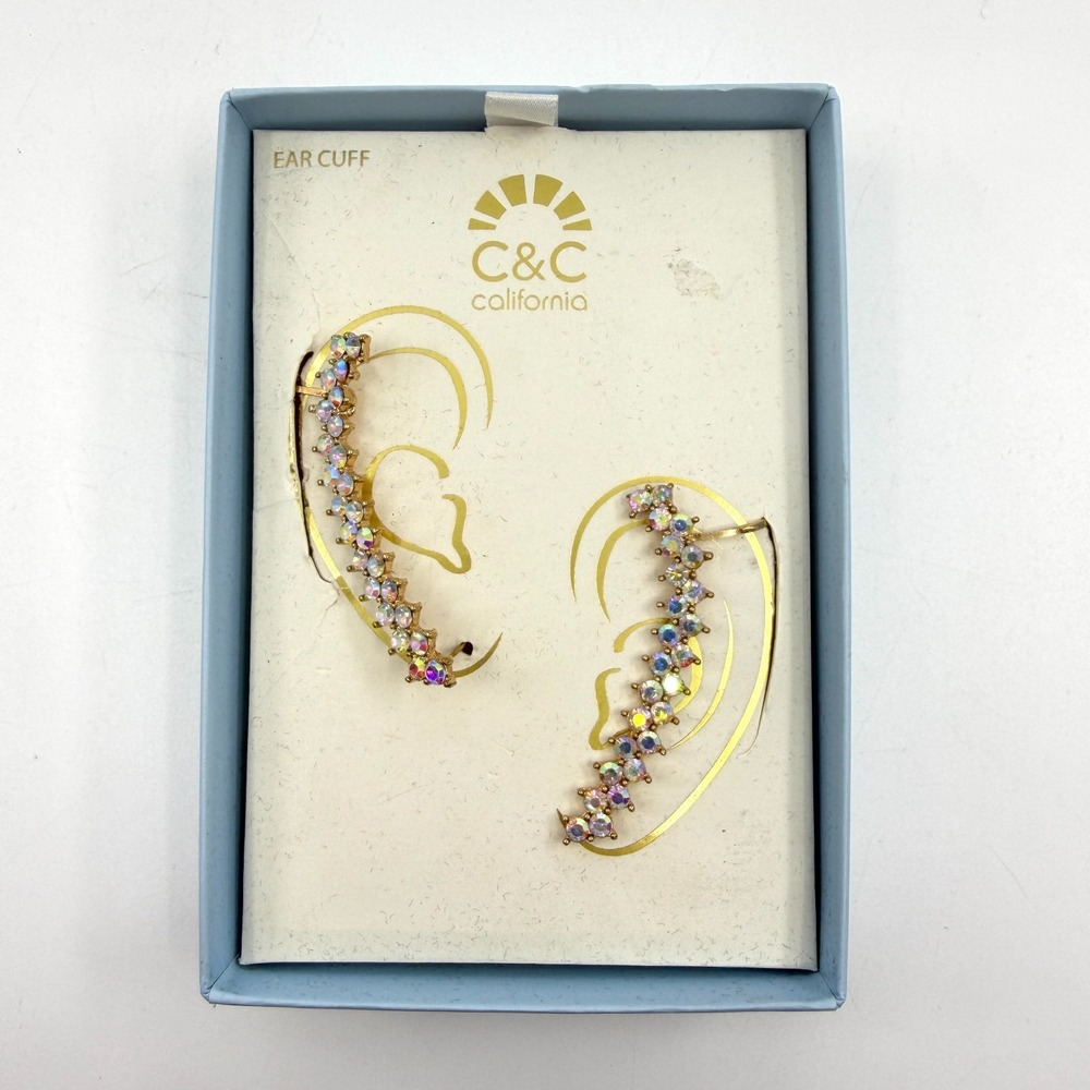C&C California Aurora Borealis Crystal Ear Crawler Cuffs Gold Tone Glam Jewelry